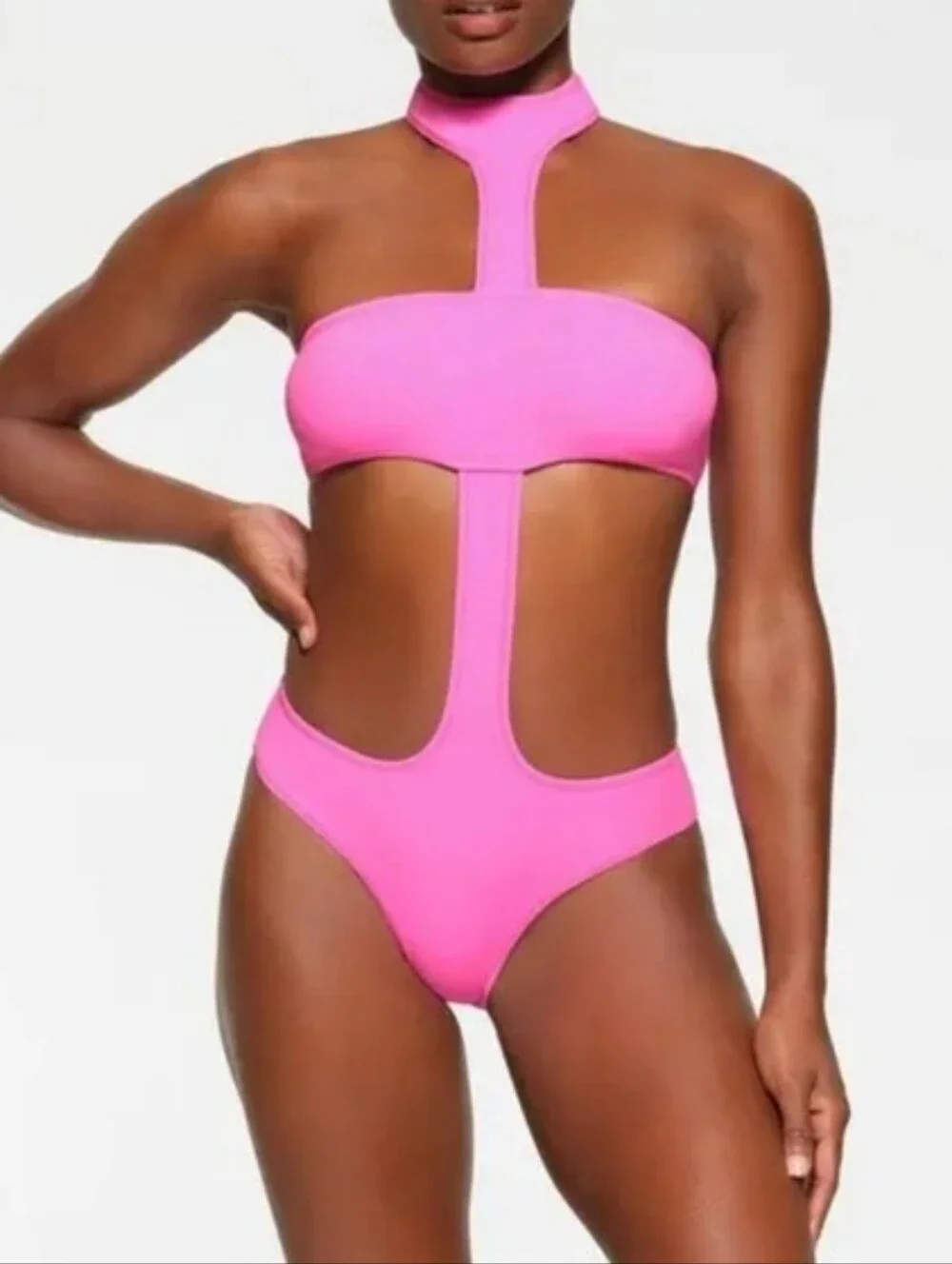 SKIMS Recycled Swim Cut Out Halter Neck Monokini Swimsuit Bikini Taffy Pink